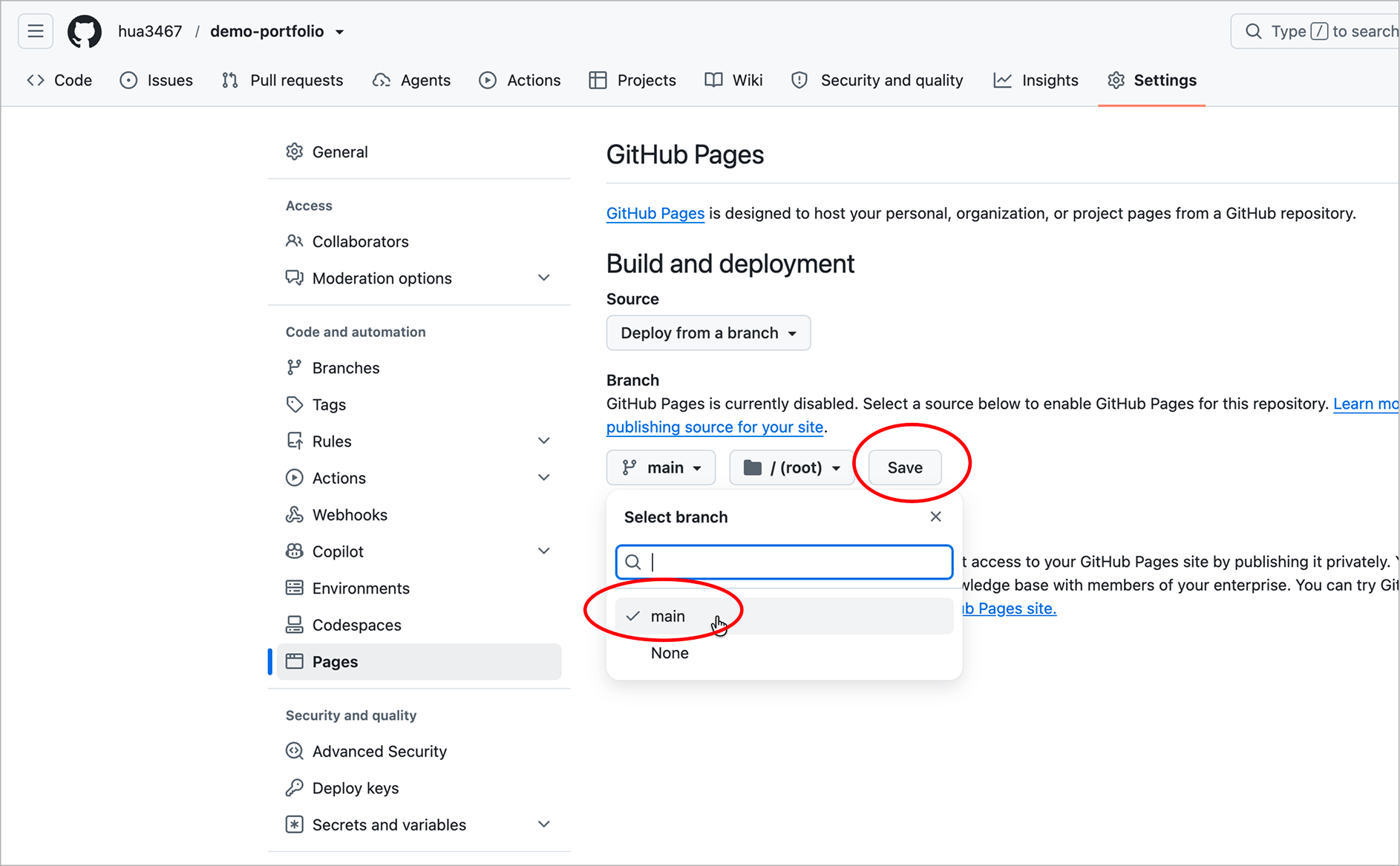 GitHub Pages Step 2 - Select main branch and save
